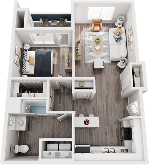 Floor plan for 1 bed, 1 bath, 730 sqft